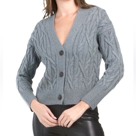 Vince Chunky Cable Knit Wool Cashmere Cardigan XL V-Neck Button Front Gray - Picture 1 of 14